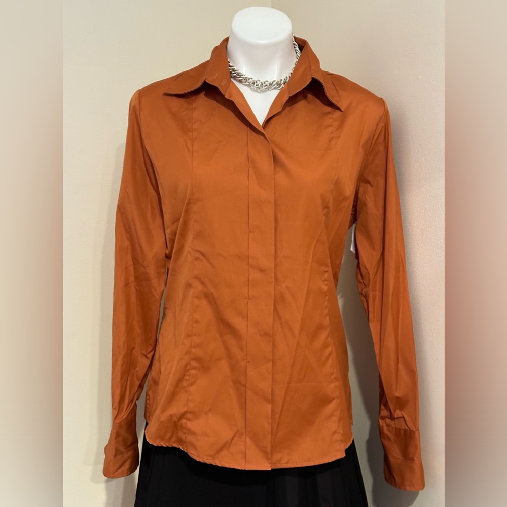 Farinaz Taghavi Ultra Dusty Orange Dressy Button Down Shirt Italian Fabric Sz 14
